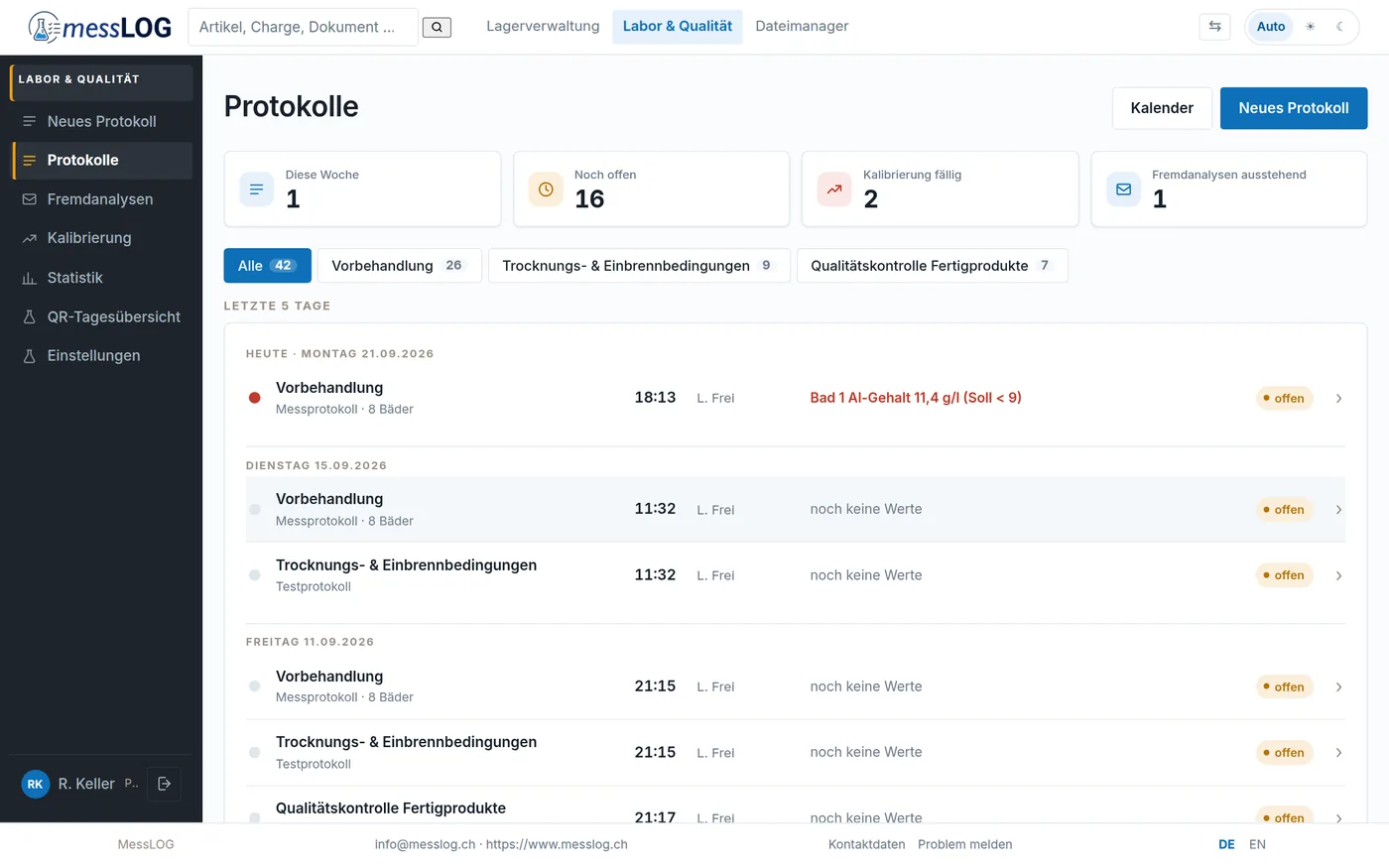 Protokoll-Liste von MessLOG mit Ampel für offen, in Ordnung und Abweichung
