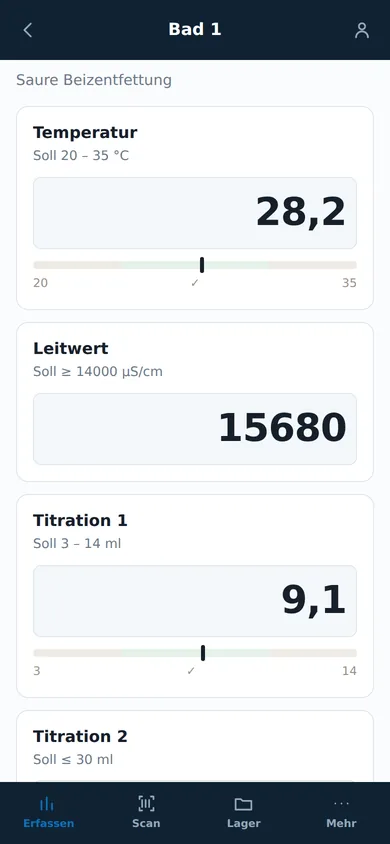 Erfassung eines Bades am Handy mit Sollbereich je Wert